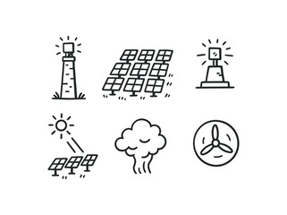 Fototapeta premium hand drawn cute doodle style line isolated on white background: solar tower mirror field central receiver heat beam steam cloud turbine icon