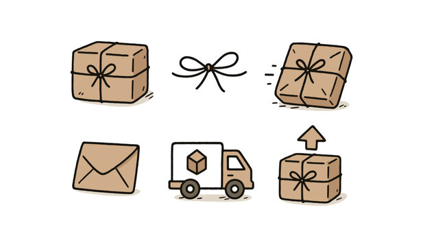 hand drawn cute doodle style line isolated on white background: wrapped parcel string tie shipping folded flap delivery icon drop shadow