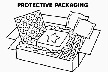 Coloring_ Packaging Adventure. Protective Packaging children?s coloring book illustration, outlined drawing, bubble wrap sheet, air pillows, and paper padding