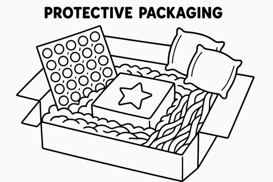 Coloring_ Packaging Adventure. Protective Packaging children?s coloring book illustration, outlined drawing, bubble wrap sheet, air pillows, and paper padding