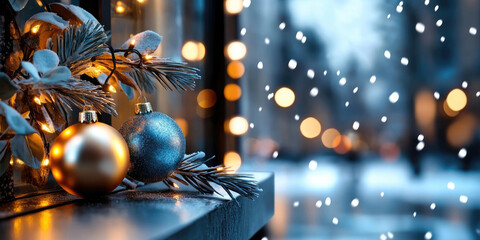 Two Christmas balls hanging in a store window display, reflecting vibrant city lights and enhancing the festive atmosphere of the urban evening scene