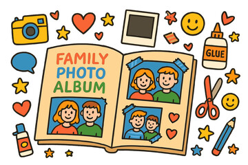 Family Photo Memories. Family photo album. Colorful Hand-drawn doodle Children illustration Family photo album scrapbook, stickers, camera, hearts, Polaroid