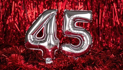 Silver Number 45 Balloons Floating Amongst Shiny Red Tinsel And Fringe For A Birthday Celebration Or Anniversary