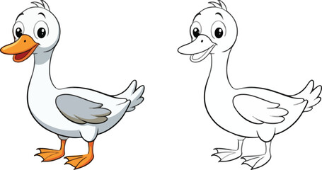Cute cartoon goose character illustration with corresponding black and white line art for coloring books isolated PNG with Transparent Background