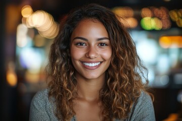 Portrait of a confident woman smiling, working in a management role at a small business or casino. The image focuses on positivity, customer service, and retail leadership, showcasing, Generative AI