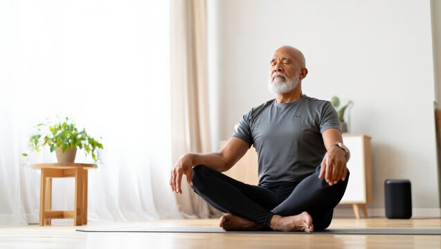 Senior Man Meditating Serene Home Wellness