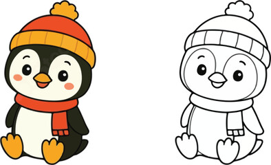 Cute baby penguin cartoon character wearing winter hat and scarf graphic resource vector illustration isolated PNG with Transparent Background