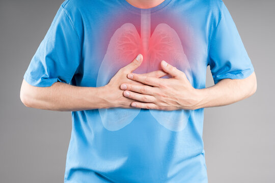 Inflamed human lungs in male torso, respiratory disease, infection, pneumonia on gray background