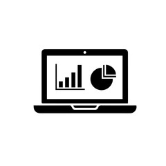 Laptop Analytics Dashboard Icon, Black on White 