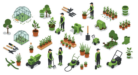 Obraz premium Gardener isometric set with tools, plants, and greenhouse elements for home gardening