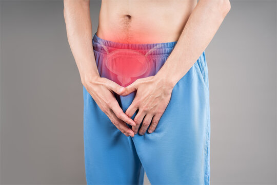 Male bladder pain, medical concept, man with urinary discomfort, healthcare problem