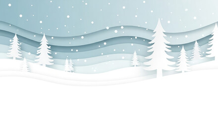 Minimalist Paper Cut Christmas Background, Soft Pastel Blue Winter Landscape with Copy Space