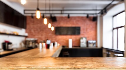 counter. Empty cafe interior with a wooden counter and red brick wall, bathed in soft natural daylight. lifestyle magazines, social media lookbooks, designed for influencer and brand collaborations.