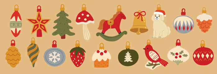 Christmas retro baubles set - hand drawn style. Christmas tree toys - dog, horse, cupcake, bird and others. Vintage Vector illustration.