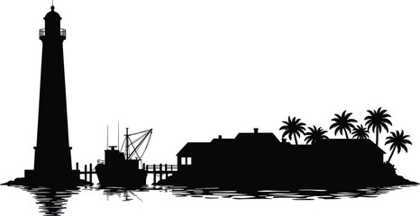 Coastal village silhouette vector—lighthouse, fishing boat, dock, palm trees, waterfront cabins for tropical, nautical, and travel themes  © Vex flow