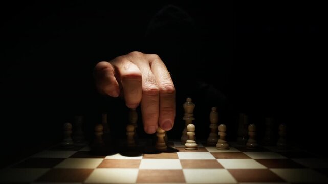 Cinematic Scene of Chess Game Player Making First Move on Black Background Representing Strategy, Foresight, Tactics, Leadership, Patience, Logical Thinking and Mental Focus in a Contest of Skill and