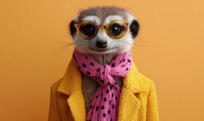 Meerkat dressed in human clothes, creating an abstract art background concept. This whimsical image blends humor with creativity, offering potential for abstract art surrealist design, Generative AI