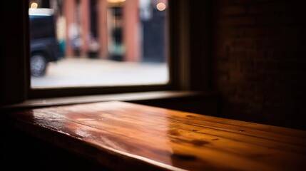 counter. Empty cafe interior with a wooden counter and red brick wall, bathed in soft natural daylight. lifestyle magazines, social media lookbooks, designed for influencer and brand collaborations.