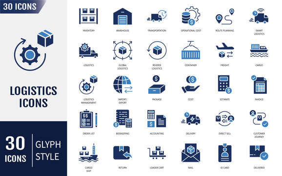 Logistics icon set. Containing icons: distribution, shipping, transportation, delivery, cargo, freight, supply chain, export and import and more. Vector illustration