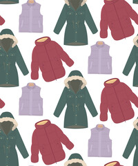 Seamless pattern of winter colorful outerwear. Stylish background with vests, parka jackets and puffers