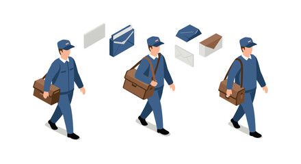 Obraz premium Isometric postal delivery workers and mail icons set with envelopes