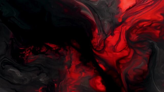 4K dark abstract background. Slow-moving, swirling liquid paint of deep red and black, creating a dramatic, moody, marbled texture