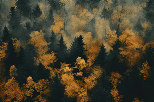 Misty autumn forest with dense dark pine trees - Powered by Adobe
