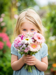 Fototapeta premium Sweet portrait of a smiling young child hiding behind a vibrant bouquet of flowers (daisies, gerbera, mums) in a sunny garden. Ideal for childhood, spring, gift-giving, nature, and innocence concepts