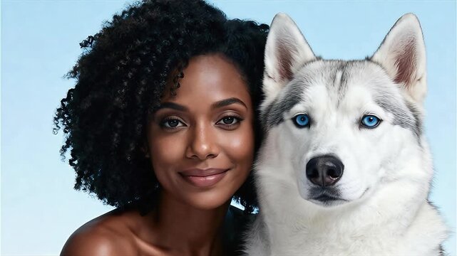 Mujer afroamericana cabello crespo rizado natural posando con un perro Husky siberiano blanco