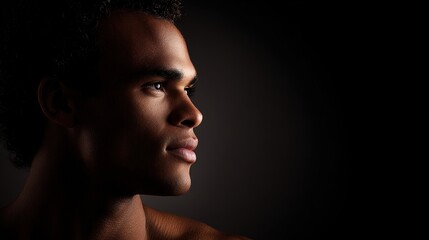 Striking portrait of a Black male model with strong features and dramatic lighting, exuding powerful presence.