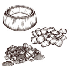 Vector graphic image of a bowl for food for dogs and cats, as well as liquid and dry food