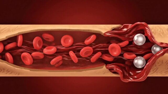 Blood vessel with red blood cells and blood clot formation illustration 
