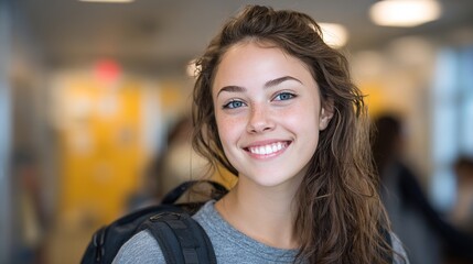 A smiling young student with a backpack, captured in soft classroom light.