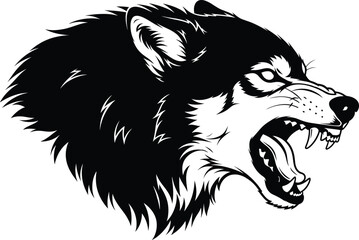 Snarling wolf head silhouette vector—aggressive profile, sharp fangs, wild fur detail for animal, tribal, and fantasy themes