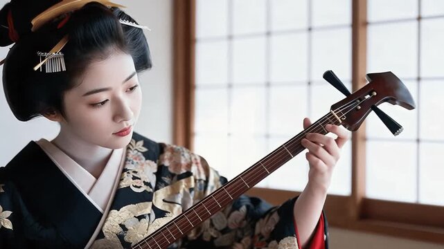 Mujer japonesa tocando un instrumento de cuerda 