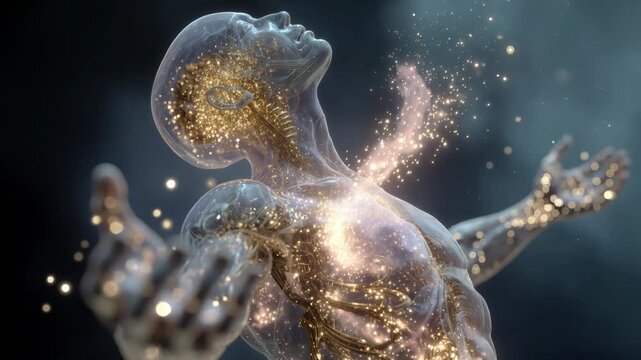 Translucent human body showing the nervous system releasing its soul, represented by glowing golden particles, into the universe as a concept of life after death, spiritual awakening or meditation