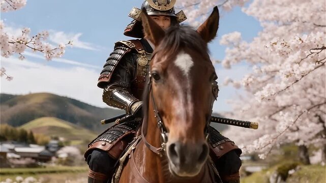 Samurái montado a caballo con armadura intrincada avanzando por un campo con cerezos en flor