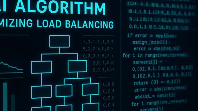 smart grid distribution management concept. AI algorithm interface showcasing load balancing metrics and graphs.