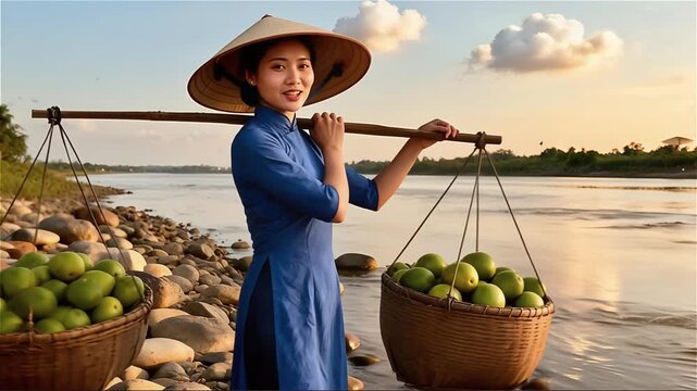 Una mujer vietnamita vestida con traje tradicional y un sombrero cónico sonriendo mientras lleva cestas llenas de frutas 