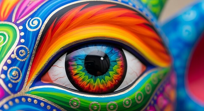 A vibrant colorful intricately painted eye dominates the frame exhibiting detail