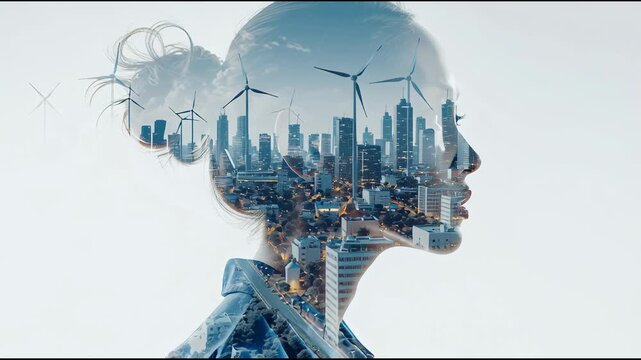Visionary Cityscape: A silhouette of a woman merges with a modern cityscape, encompassing wind turbines, tall buildings, and a bright sky, symbolizing her vision for a sustainable future.