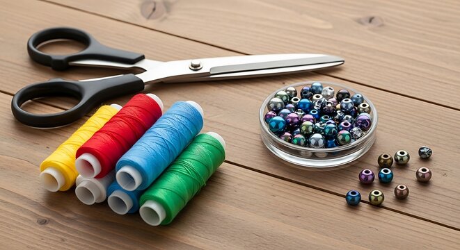 Craft supplies including scissors thread spools and colorful beads on wood