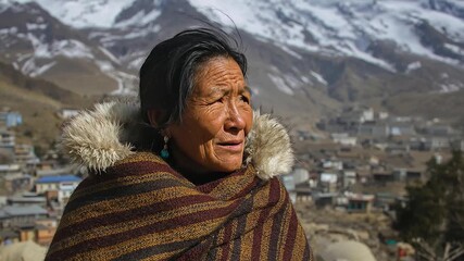 Elderly Woman's Resilient Gaze in a High-Altitude Mountain Village, Wrapped in Traditional Shawl with Snowy Peaks Background