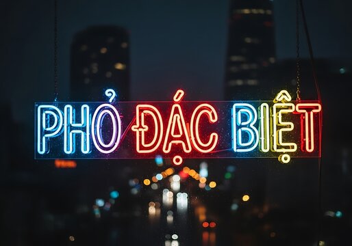 A vibrant neon sign displaying the words pho dac biet at night