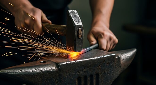 A blacksmith expertly shapes glowing hot metal on an anvil with a hammer - Powered by Adobe