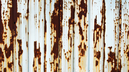 Close-up texture of rusty metal sheet with brown corrosion stains on a white painted surface. Grunge industrial background showing natural oxidation and aging metal patterns.