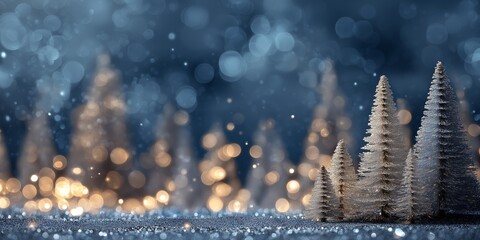 Fototapeta na wymiar Mini frosted Christmas trees with sparkling bokeh in a snowy scene.
