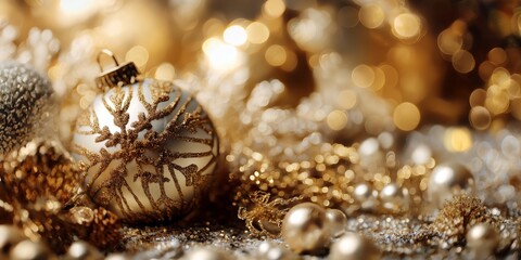 Elegant white bauble with gold glitter surrounded by festive decor.