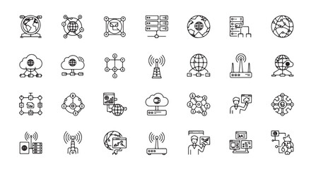 Set of network technology icons thin line vector illustration for cloud computing data transfer and 
