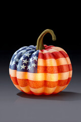 American flag-themed pumpkin decoration, with illuminated carving, stars and stripes for holiday season
